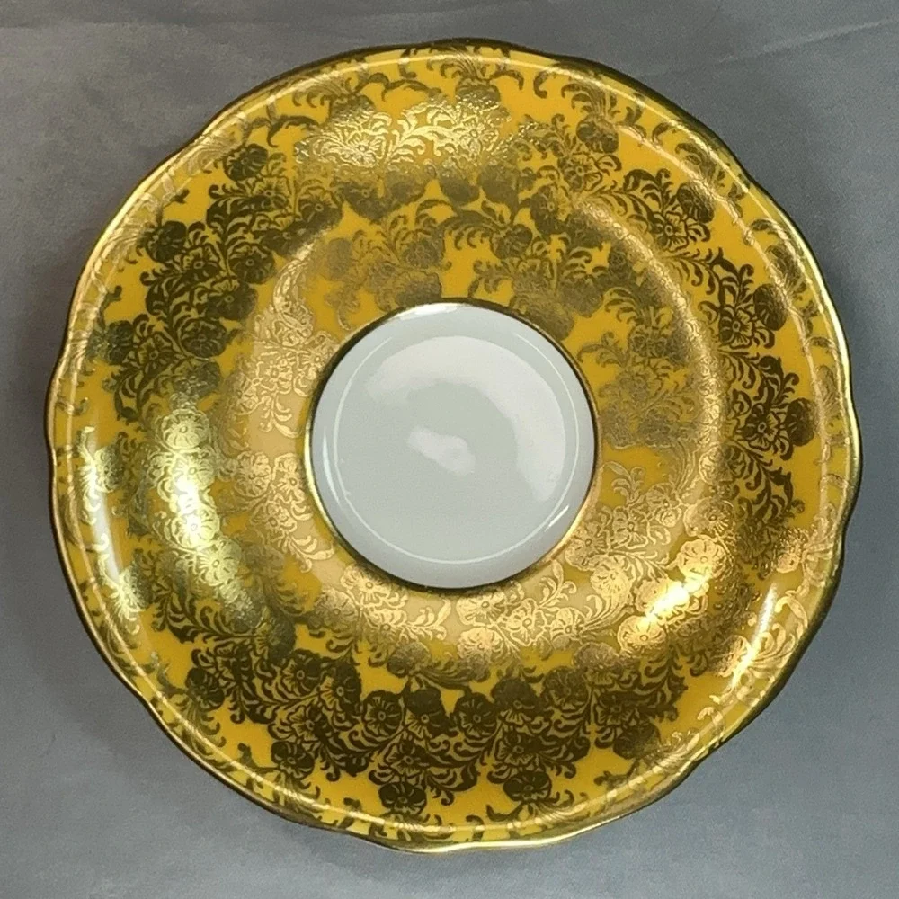 Rare Aynsley Teacup Saucer Mustard Yellow‎ Heavy Gold Scroll England Vtg C869
